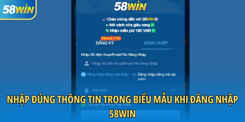 Nhập đúng thông tin trong biểu mẫu khi đăng nhập 58WIN